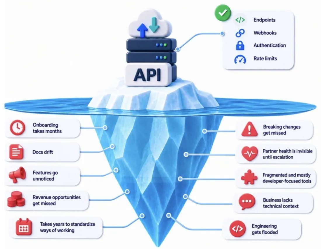 An iceberg. Above the waterline: the API itself — endpoints, webhooks, authentication, rate limits. Below it, far larger: onboarding, breaking changes, docs drift, partner health, unnoticed features, fragmented tooling, missed revenue, missing business context, slow standardisation and a flooded engineering team.